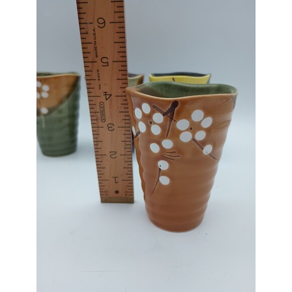 4 Vtg Japanese Coil Pottery Cherry Blossom Cups Wavy Rim Fall Colors - Picture 6 of 7
